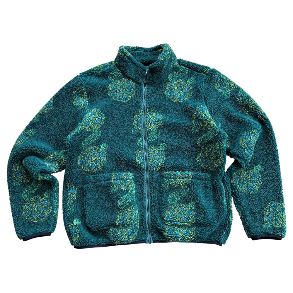 Stussy Flor Sherpa Fleece Jacket Green Sherpa Full Zip Mens XL Mock Neck